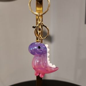 Cute Pink and Purple Dinosaur Keychain with Gold Hardware